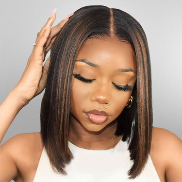 Megalook 6x5 Invisible Knots & 13x4 Pre-All Glueless Auburn Highlights On Black Straight Bob Wigs Beginner Friendly