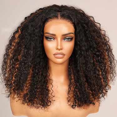 Megalook 3 In 1 Half Wig Glueless Auburn Highlights On Black Jerry Curly Invisi Drawstring Beginner Friendly