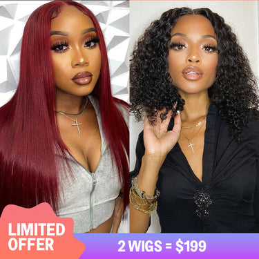 $199=2 Wigs | 22inch 5x6 Glueless 99J Straight 180% Density Plus 12inch V Part Water Wave Bob Wig