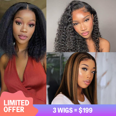 $199=3 Wigs | 18inch 4x4 Lace Closure Deep Wave Wig + 12inch 13x4 Lace Bob Wig 1BP30 Color + 12inch 360 Lace Frontal Yaki Straight Virgin  Hair