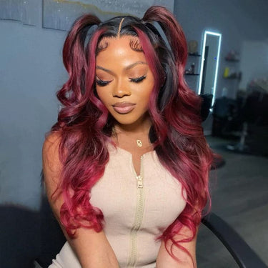 New Dark Burgundy With Rose Red Highlights 13x4 Lace Front Hand Curls Wig