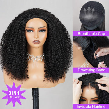 Megalook 3 In 1 Half Wig 210% Density Kinky Curl Wear & Go Drawsting Band Seamless Clip Ins Human Wig No Glue Need Wig