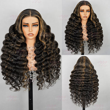 Megalook 13x4 Pre-All Glueless Balayage Highlight Loose Deep Wave Invisible Knots Natural Edges