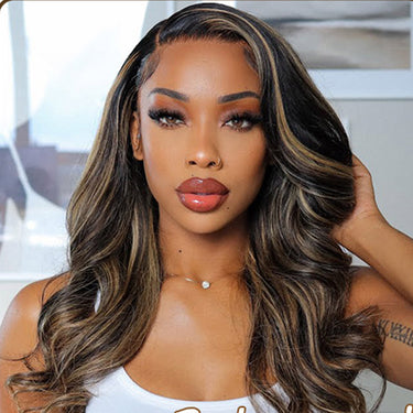 Black Body Wave Glueless Wig With Honey Blonde Highlights