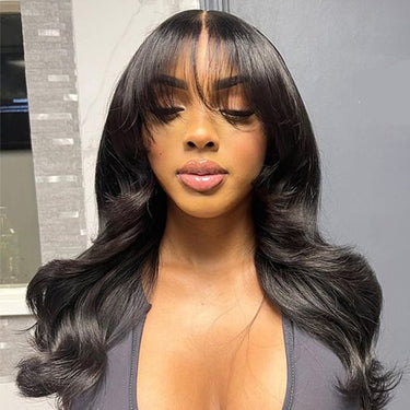 Medium Length Body Wave Pre-Bleached Knots Pre-cut Glueless Lace 5x5 Closure Wigs With Curtain Bangs Human Layered Hair Wigs