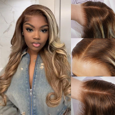 Megalook 5x5 Lace Closure Light Brown With Blonde Highlight Body Wave Wigs Realistic Hairline
