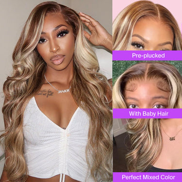 Megalook 5x5 Lace Closure Light Brown With Blonde Highlight Body Wave Wigs Realistic Hairline