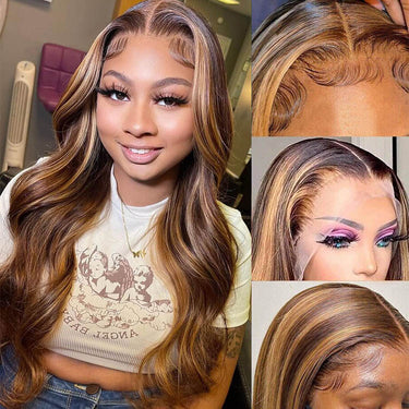 (Super Deal) Brown 13x4 Lace Front Wigs With Honey Blonde Highlights Human Hair #P4/27 Piano Transparent Lace Wigs