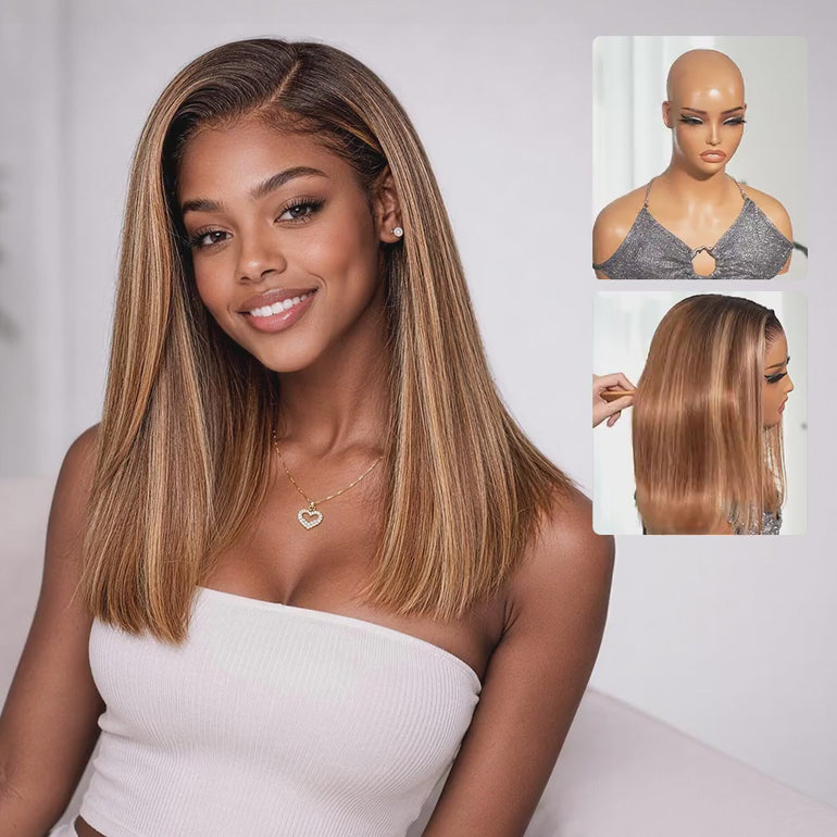 Honey Blonde Highlight On Brown Bob Glueless Wig Details &autoplay