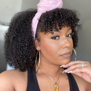 Headband Wig With Bangs Glueless Non Lace Wig Curly Headband With Bang For Black Women