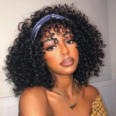 Headband Wig With Bangs Glueless Non Lace Wig Curly Headband With Bang For Black Women