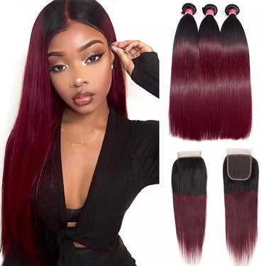 Megalook 1b/99j Brazilian Human Hair Bundles with Free Part Closure Remy Human Hair Weaves Bundles with 4x4 Lace Closure