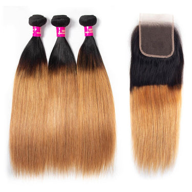 3 Bundles 1B/27 Color With Closure Ombre Straight Hair Weaves With Remy Human Hair Closure