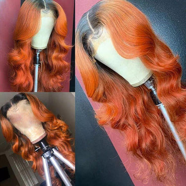 Transparent Hd Lace Dark Roots Ginger Orange 13x4 Lace Wigs Body Wave Human Hair Wigs 210% Density