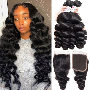 Megalook 12A Grade Human Hair Loose Wave Bundles With Closure Brazilian Remy Human Hair 3/4Bundles With Swiss Lace Closure Natural Black