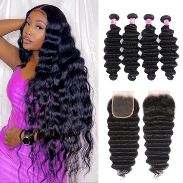 Megalook Buy 3 pcs Loose Deep Wave Get 1 Free 4x4 Lace Closure (Free Part) 100% Natural Human Hair Weaves Deal