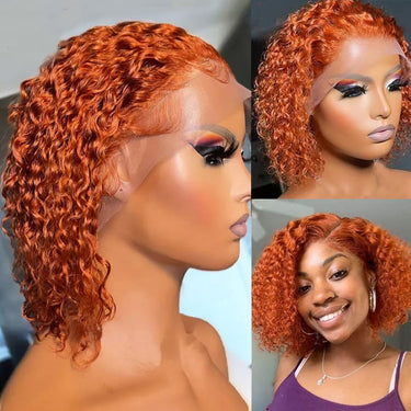 210% Density Thick Short Cut Bob Ginger Orange Color Wig 13x4 Lace Front Deep Curly Human Hair Wig