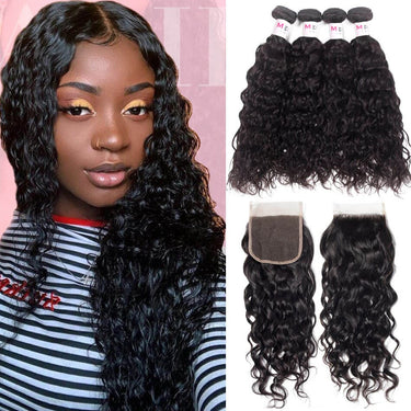 Megalook 12A Virgin Brazilian Hair Water Wave Hair 4 Bundles with 4x4 Transparent Lace Closure