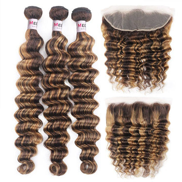 Megalook P4/27 Highlight Human Hair 3Bundles Loose Deep Wave Hair With Transaprent Lace Frontal Closure