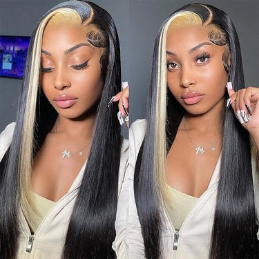 Skunk Stripe Highlight Black and Honey Blonde 613 Color 13x4 Transparent Lace Frontal Long Human Hair Wig