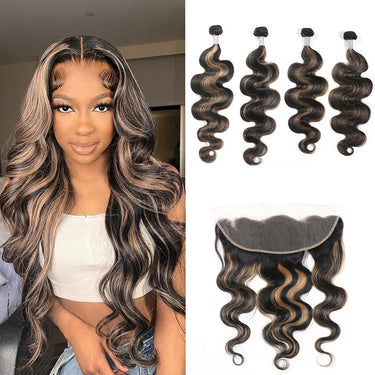 Highlight Balayage Colored 3/4Bundles With 13x4 Lace Frontal Closure Virgin Human Hair Body Wave