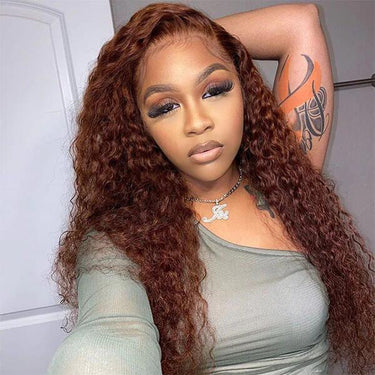 New #33 Red Brown Auburn Water Wave Human Hair Wig Hair Perfect Hair Color For Dark Skins 13x4 HD Lace Front Colored Wigs