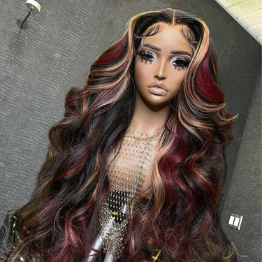 Megalook High Quality New Pop Highlights Wig 210% Density Burgundy Red And Auburn Mixed Highlights Glueless Wig