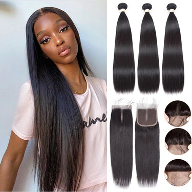 Buy 3 pcs Straight Hair Bundles Get 1 Free Closure (Free Part) 100% Brazilian Natural Human Hair Weaves